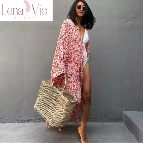 Palie Pink Leopard Long Cotton Kimono Duster, Leopard Beach Maxi Coverup, S-3X - Picture 4 of 10